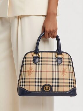 Burberry Alma Check Handbag with Black Leather Trim.